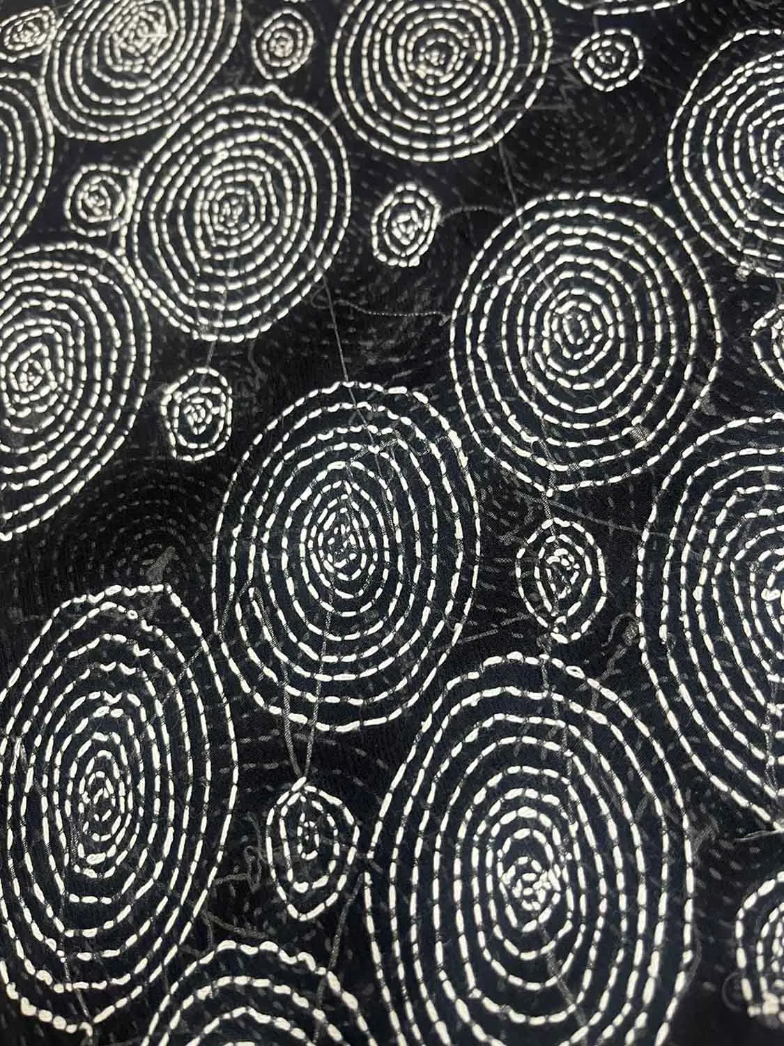 Black Kantha Hand Embroidered Pure Tussar Silk Fabric ( 1 Mtr )