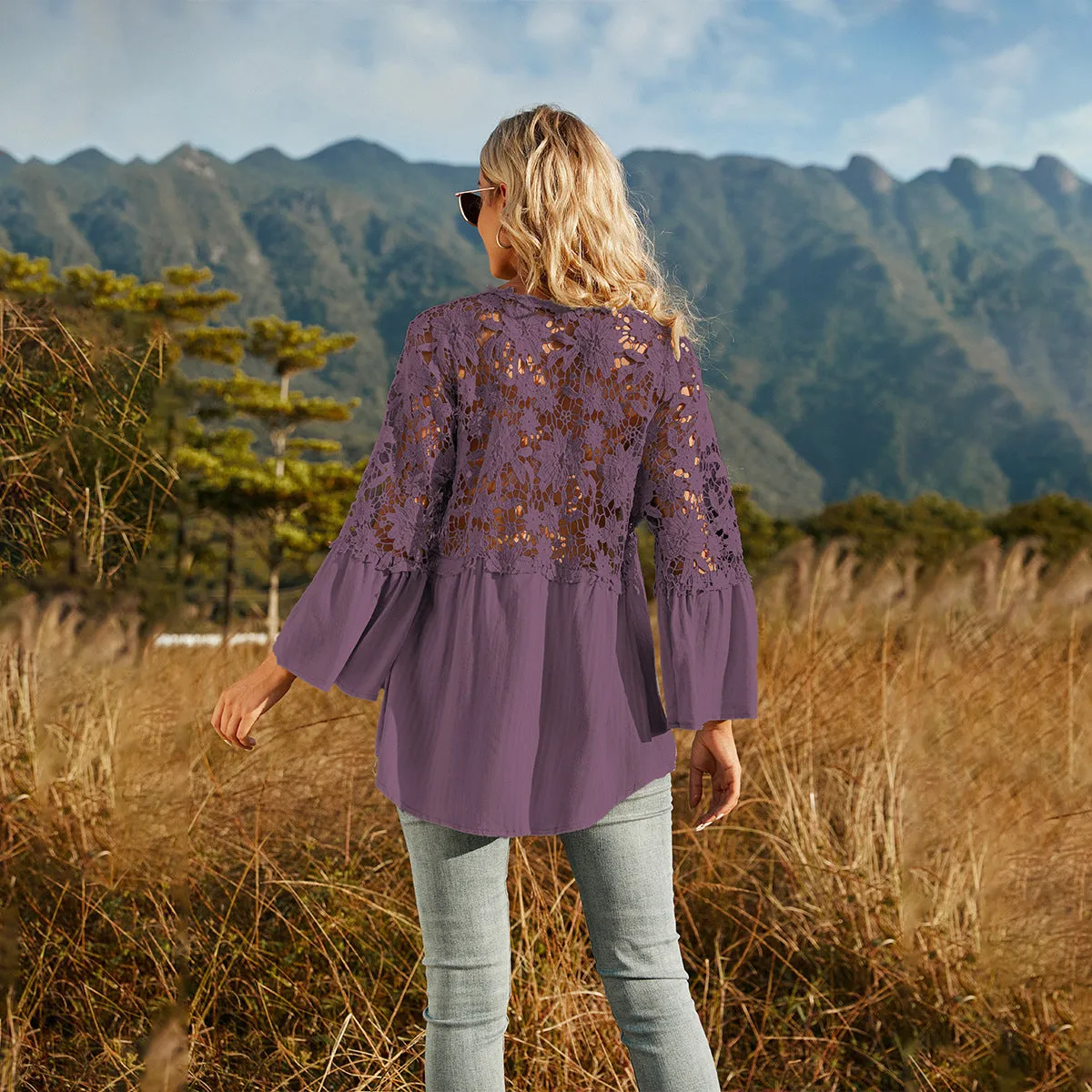 Button Down Lace Long Sleeve V Neck Blouse Loose Top