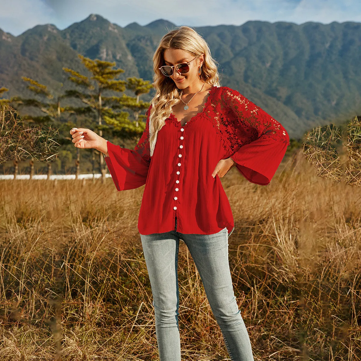 Button Down Lace Long Sleeve V Neck Blouse Loose Top
