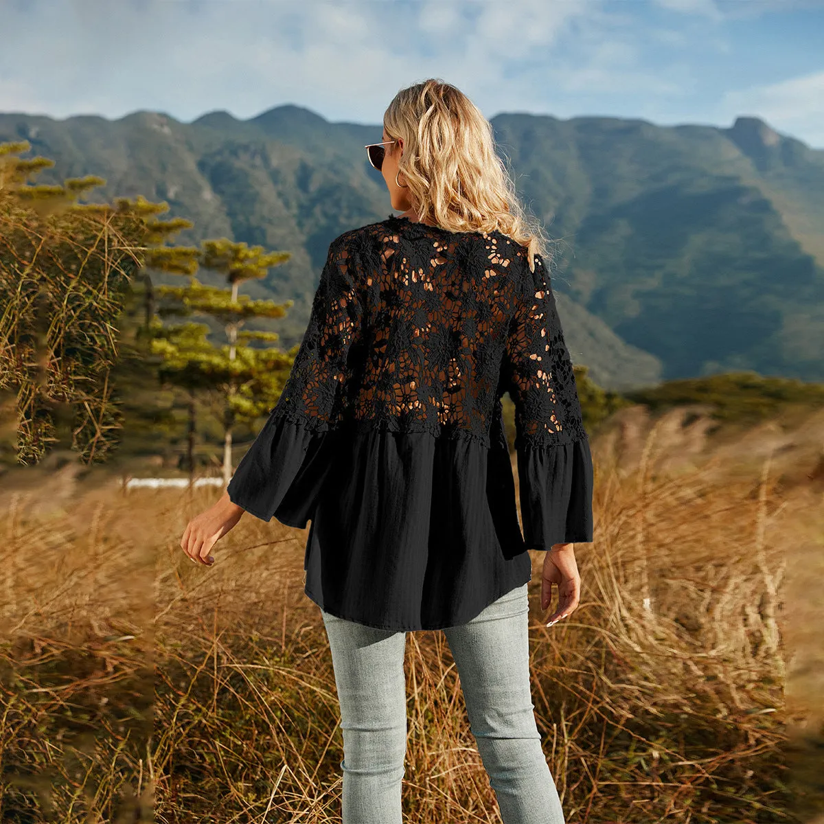 Button Down Lace Long Sleeve V Neck Blouse Loose Top