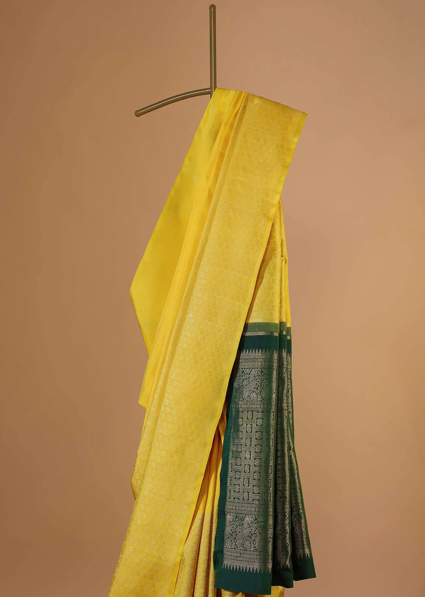 Canary Yellow Kanjivaram Silk Sari With Gold Weave And Unstitched Blouse