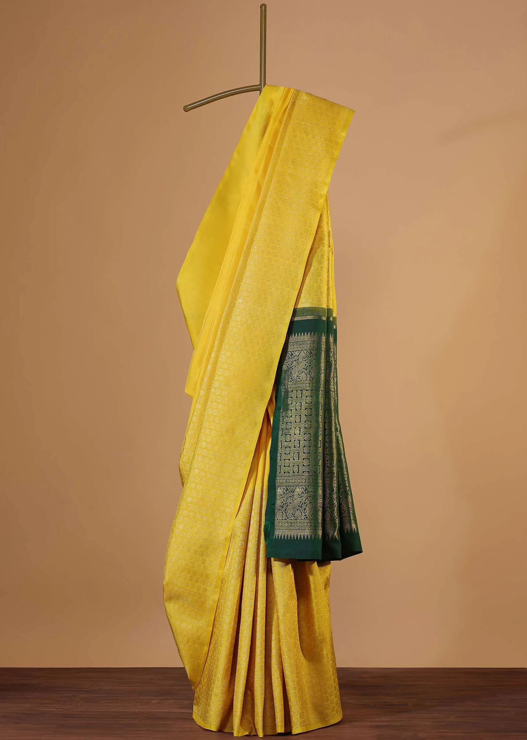 Canary Yellow Kanjivaram Silk Sari With Gold Weave And Unstitched Blouse
