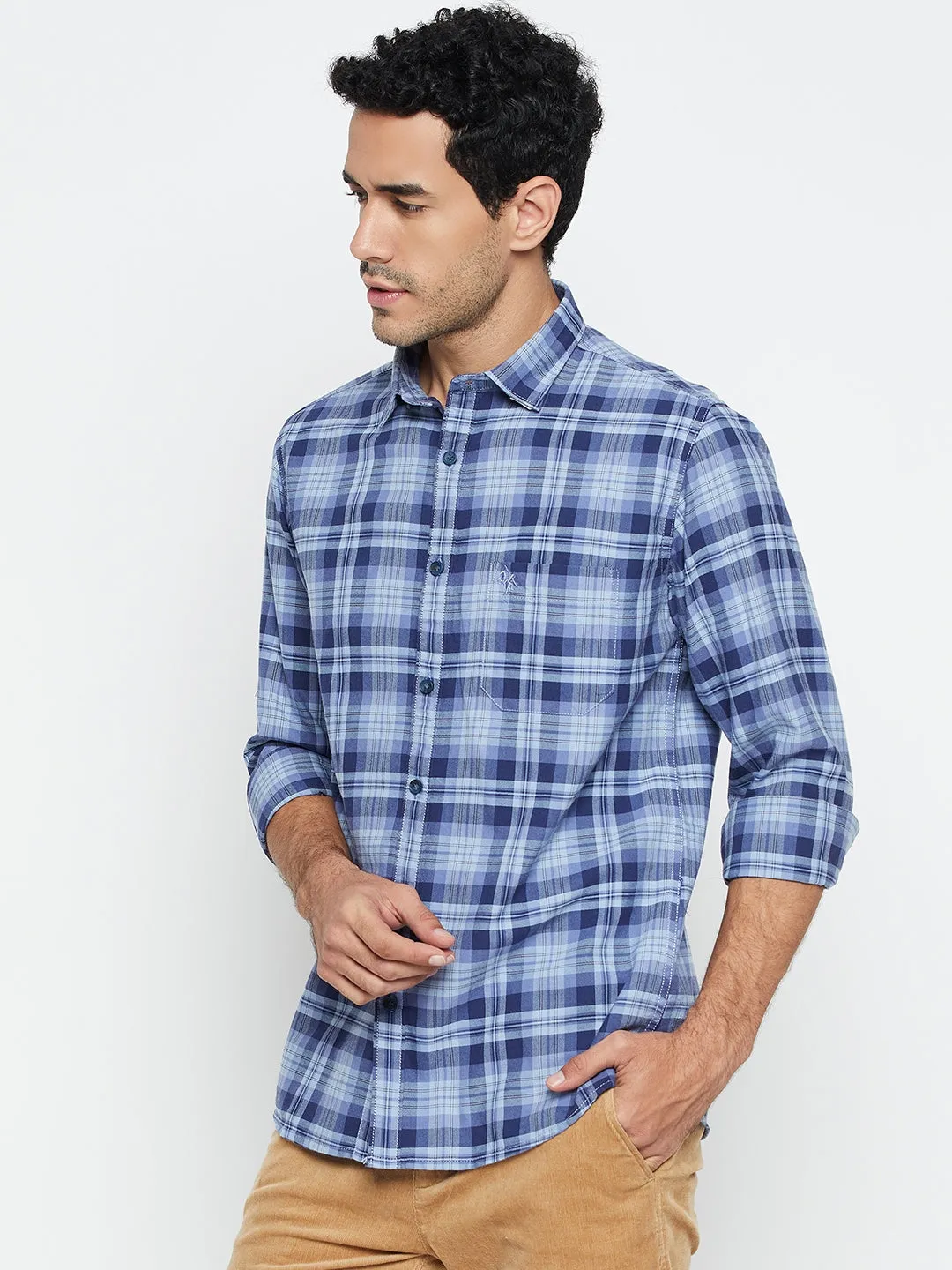 Cantabil Cotton Blue Checkered Full Sleeve Regular Fit Casual Shirt for Men with Pocket