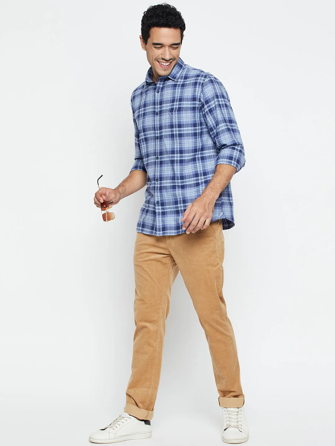 Cantabil Cotton Blue Checkered Full Sleeve Regular Fit Casual Shirt for Men with Pocket