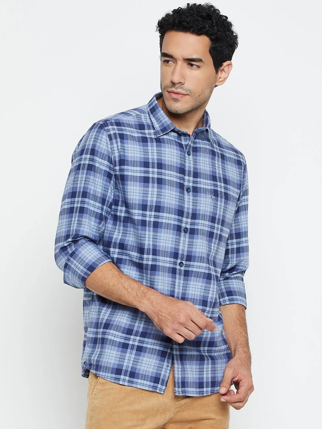 Cantabil Cotton Blue Checkered Full Sleeve Regular Fit Casual Shirt for Men with Pocket
