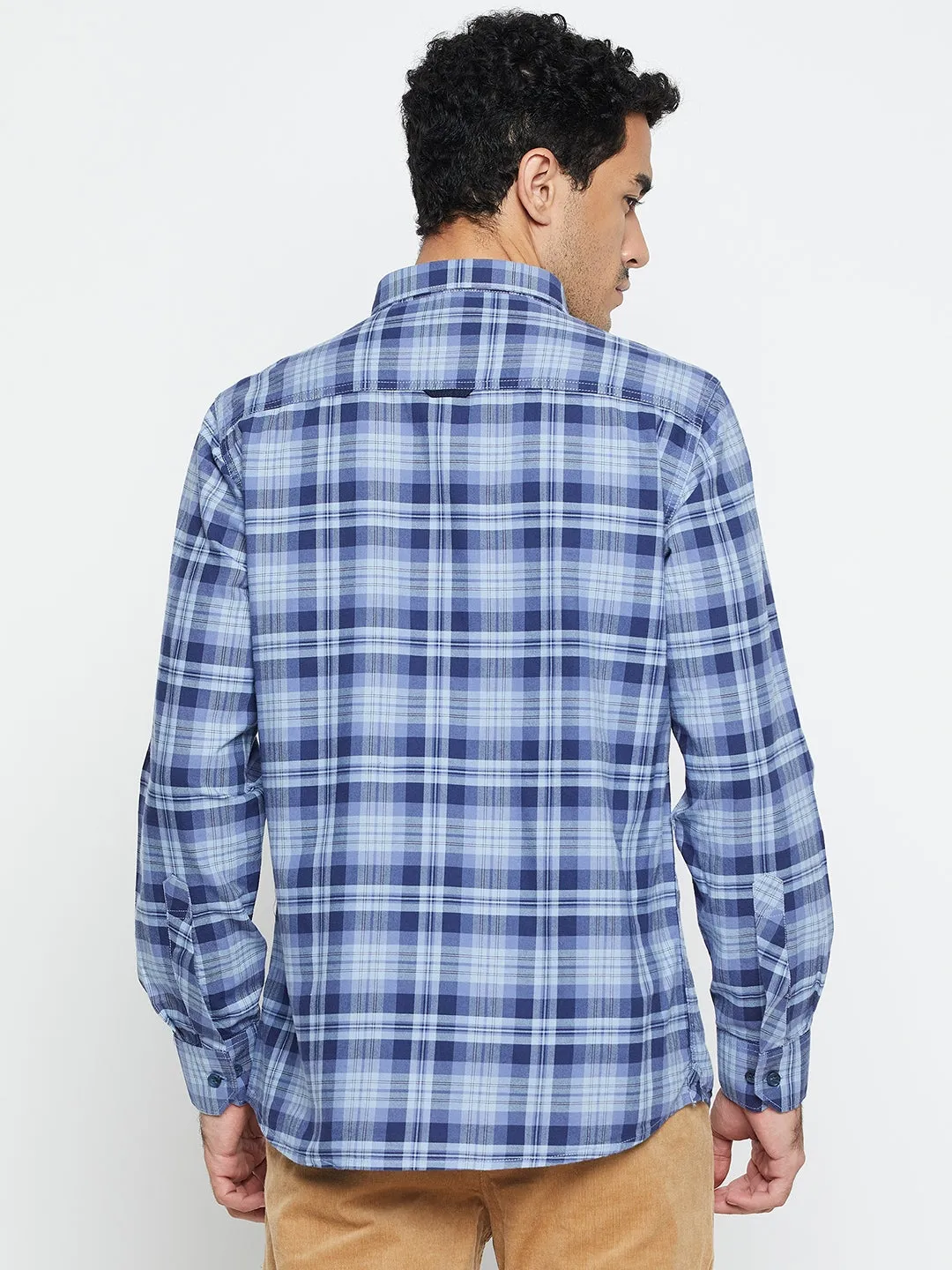 Cantabil Cotton Blue Checkered Full Sleeve Regular Fit Casual Shirt for Men with Pocket