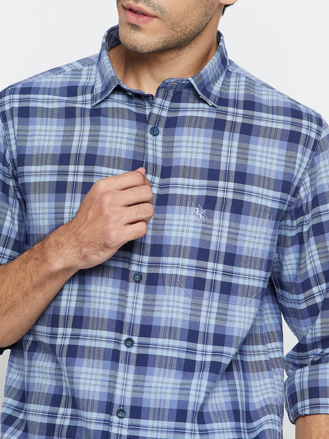 Cantabil Cotton Blue Checkered Full Sleeve Regular Fit Casual Shirt for Men with Pocket