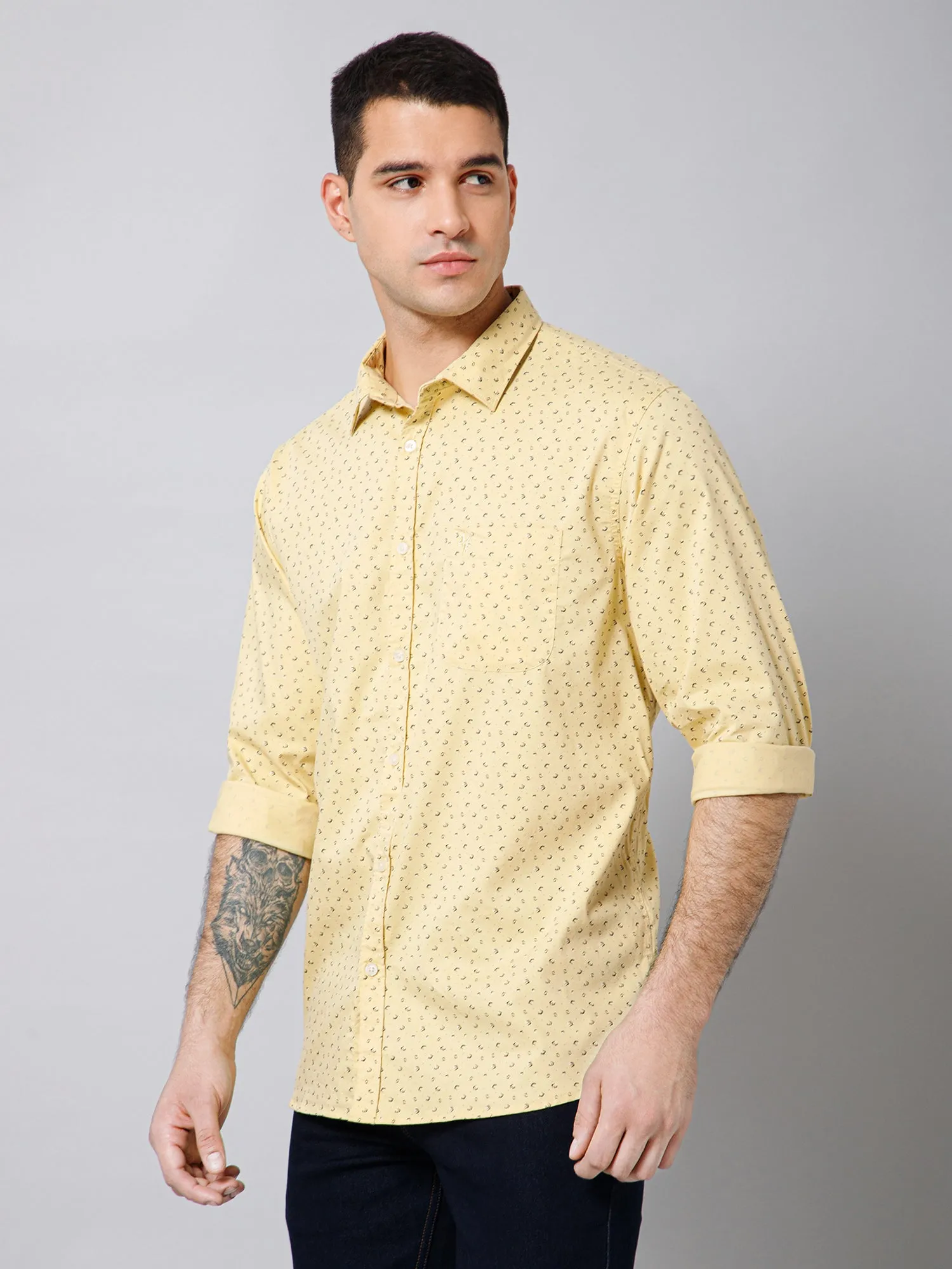 Cantabil Cotton Micro Printed Full Sleeve Regular Fit Yellow Casual Shirt with Pocket for Men