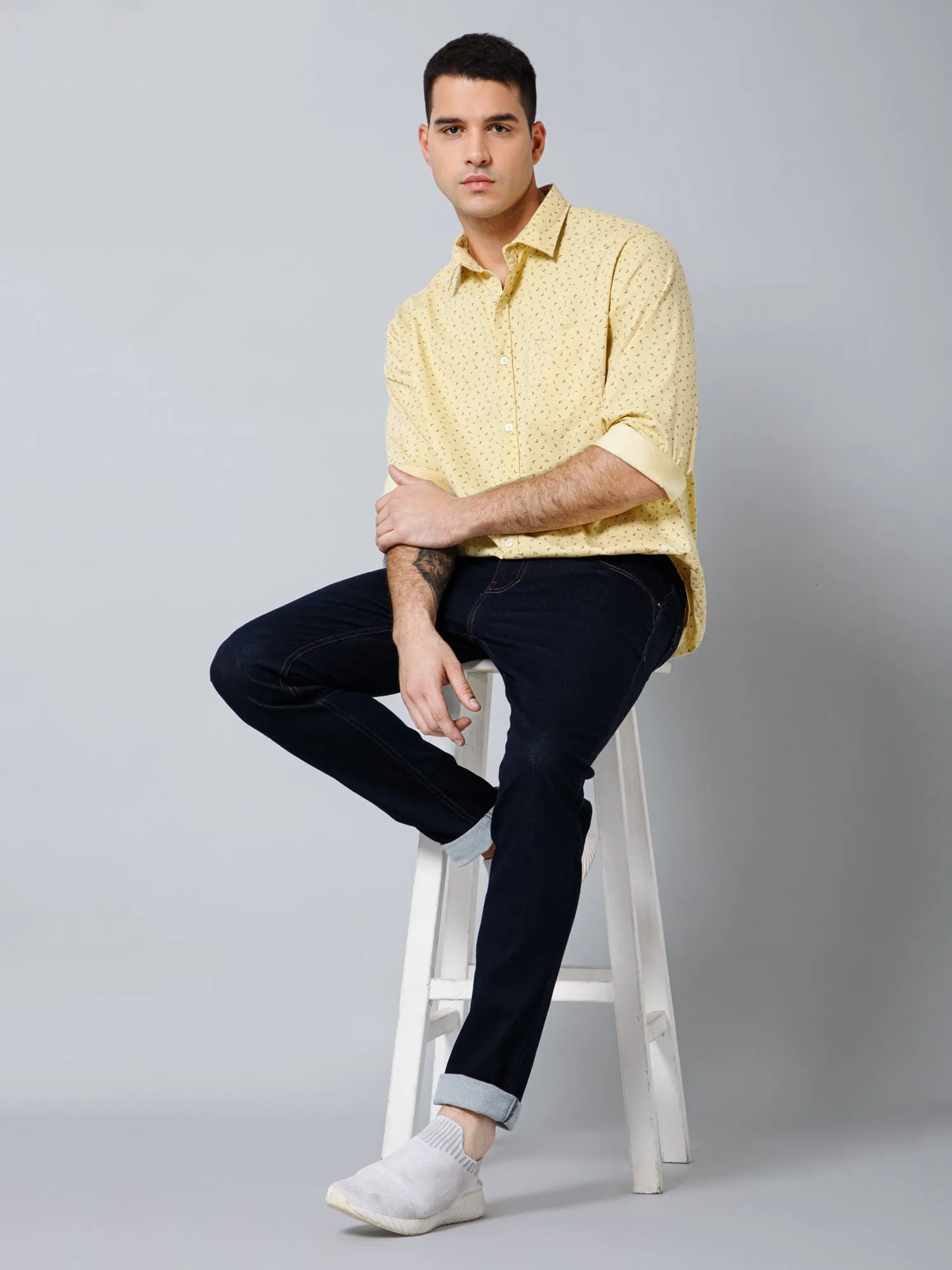 Cantabil Cotton Micro Printed Full Sleeve Regular Fit Yellow Casual Shirt with Pocket for Men