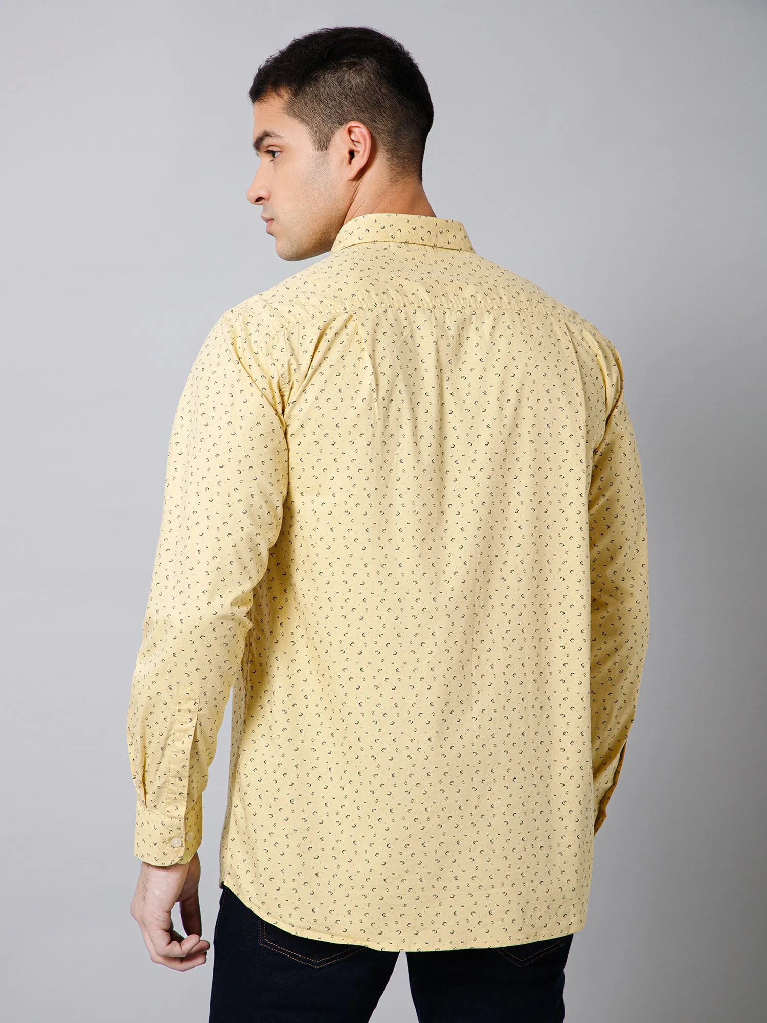 Cantabil Cotton Micro Printed Full Sleeve Regular Fit Yellow Casual Shirt with Pocket for Men