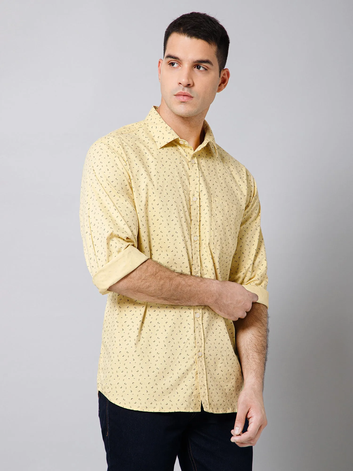 Cantabil Cotton Micro Printed Full Sleeve Regular Fit Yellow Casual Shirt with Pocket for Men