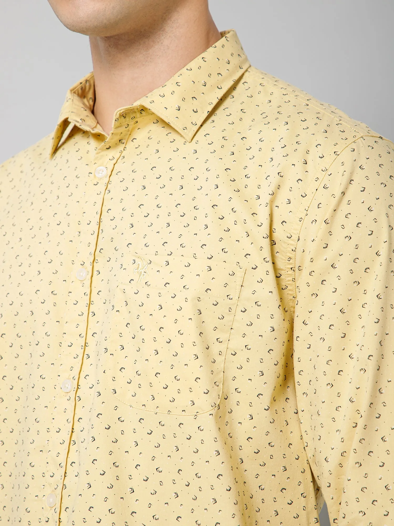 Cantabil Cotton Micro Printed Full Sleeve Regular Fit Yellow Casual Shirt with Pocket for Men