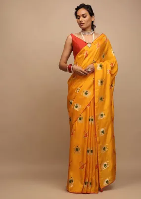 Chrome Saree In Dola Silk With Woven Patola Buttis And Red Unstitched Blouse
