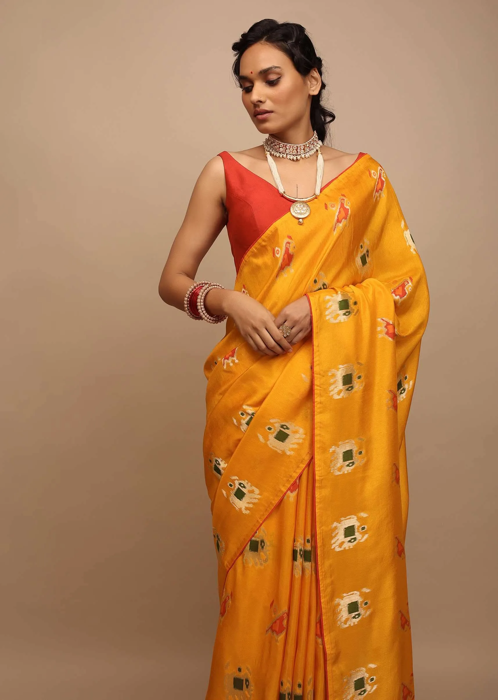 Chrome Saree In Dola Silk With Woven Patola Buttis And Red Unstitched Blouse