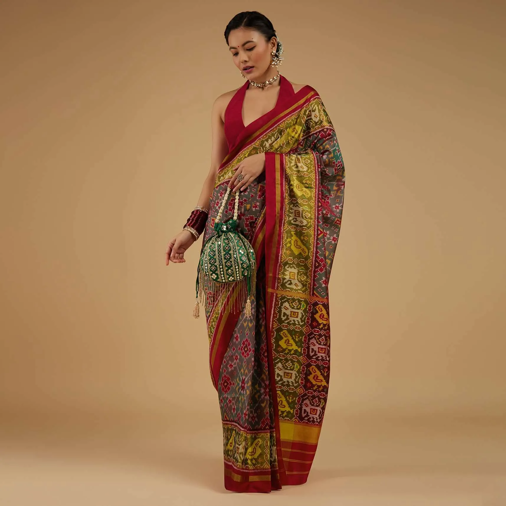 Citrus Green Saree In Silk With Ikat Weave Patola Work