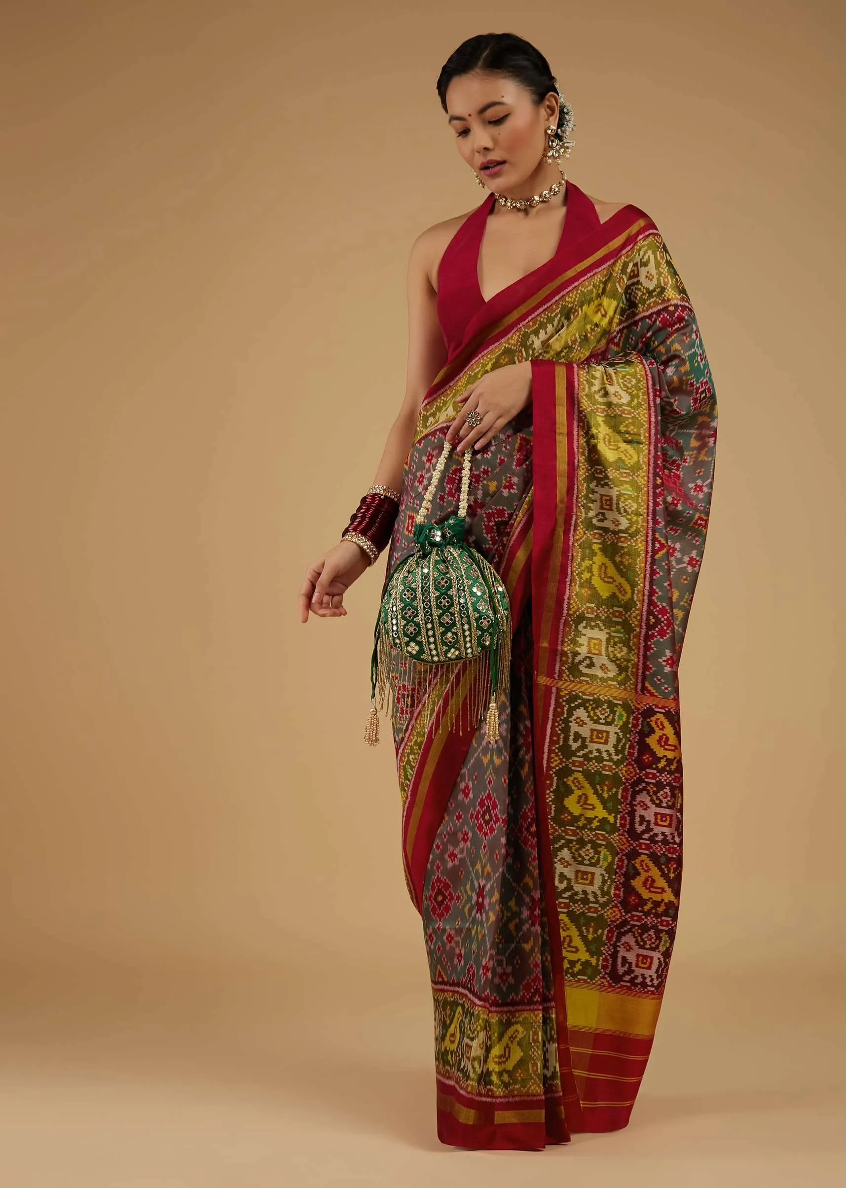 Citrus Green Saree In Silk With Ikat Weave Patola Work