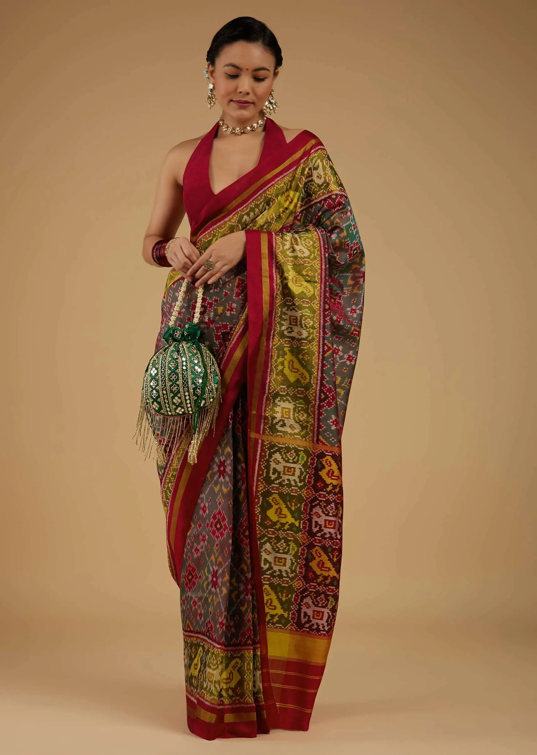 Citrus Green Saree In Silk With Ikat Weave Patola Work