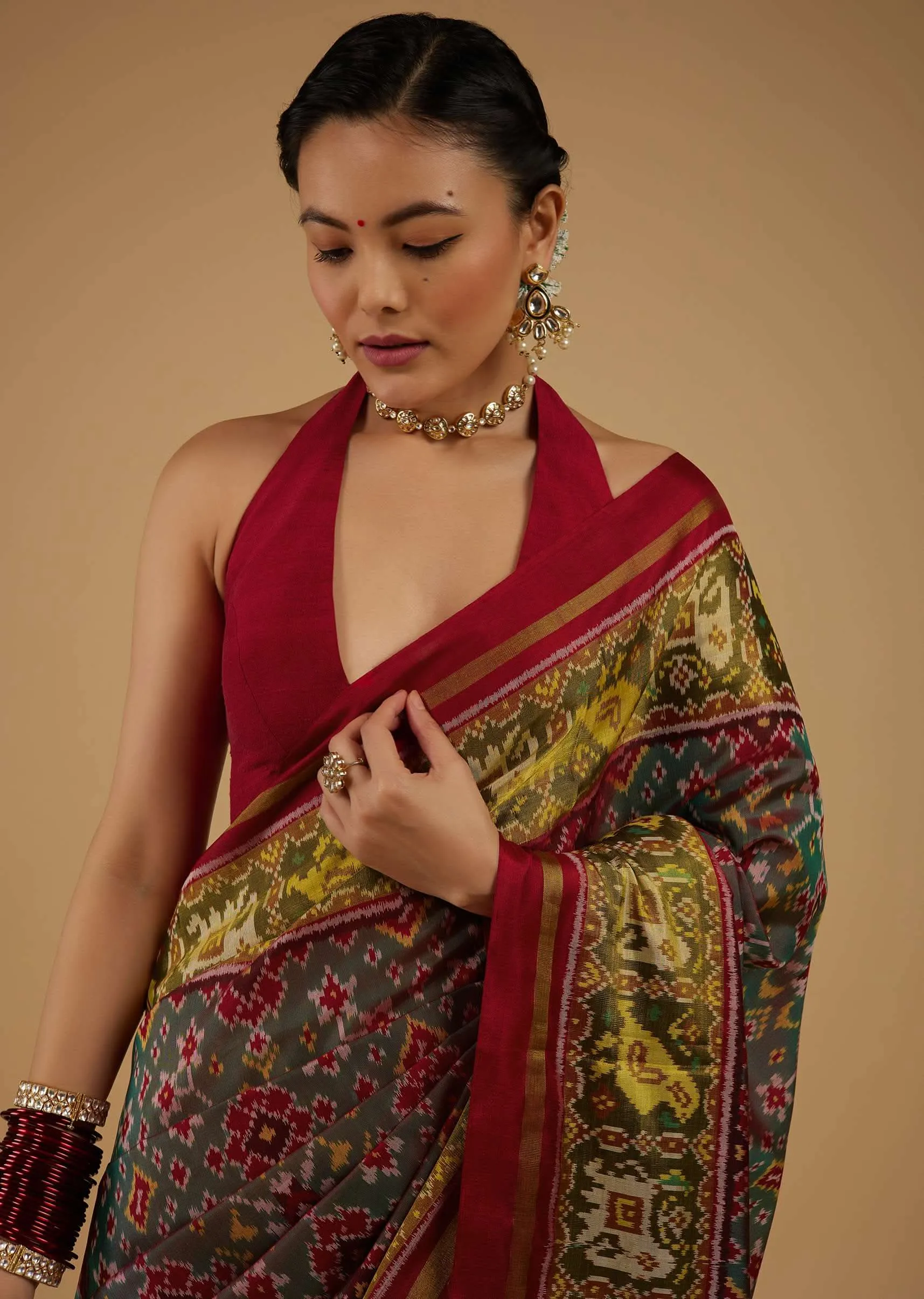 Citrus Green Saree In Silk With Ikat Weave Patola Work