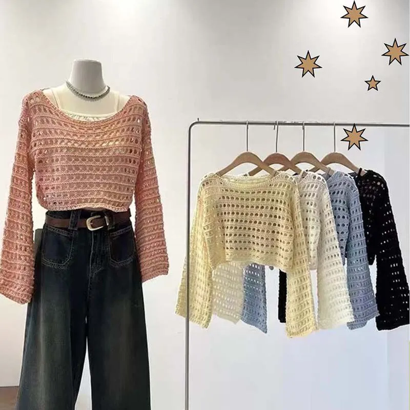 Cute Crochet Knit Mesh Flare Sleeve Crop Top Blouses