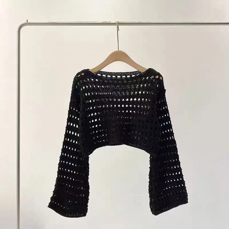 Cute Crochet Knit Mesh Flare Sleeve Crop Top Blouses