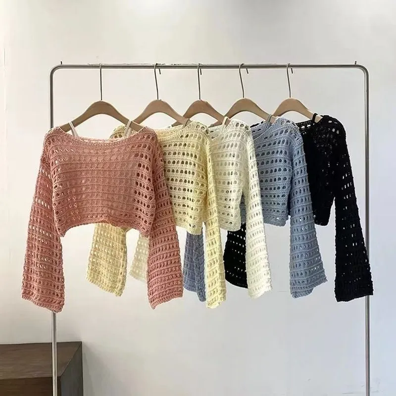 Cute Crochet Knit Mesh Flare Sleeve Crop Top Blouses