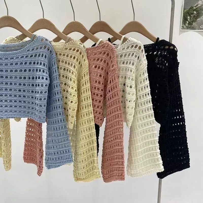 Cute Crochet Knit Mesh Flare Sleeve Crop Top Blouses