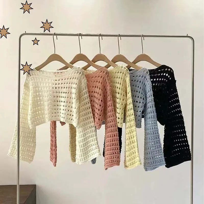 Cute Crochet Knit Mesh Flare Sleeve Crop Top Blouses
