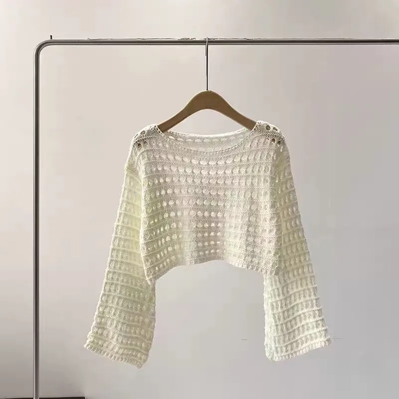 Cute Crochet Knit Mesh Flare Sleeve Crop Top Blouses