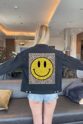 Trendy Happy Leopard Print Denim Jean Jacket for Women - Stylish Casual Outerwear