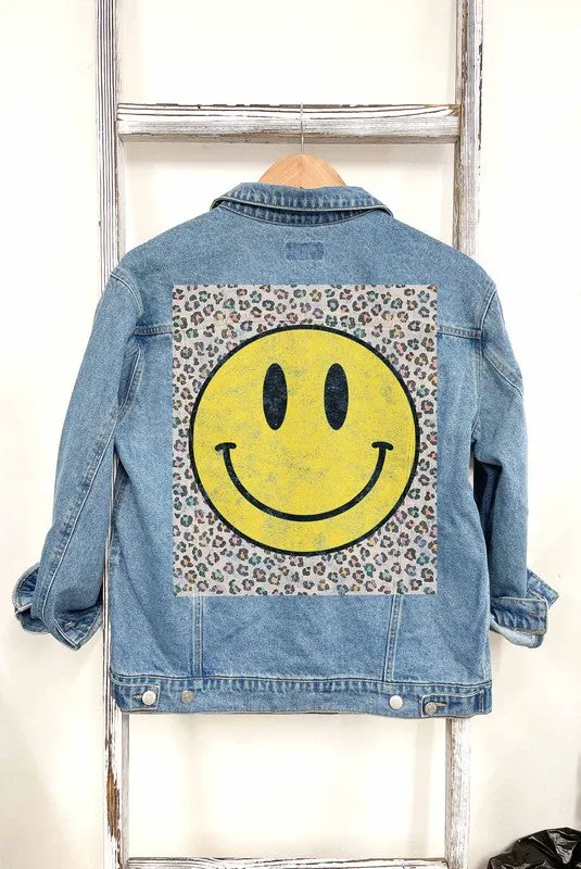 Trendy Happy Leopard Print Denim Jean Jacket for Women - Stylish Casual Outerwear