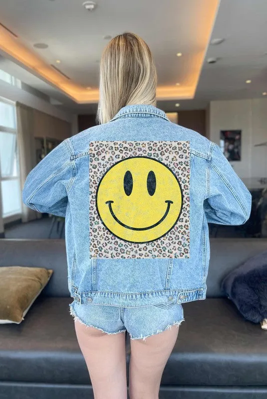 Trendy Happy Leopard Print Denim Jean Jacket for Women - Stylish Casual Outerwear