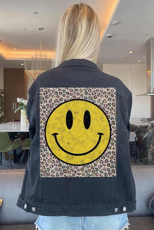 Trendy Happy Leopard Print Denim Jean Jacket for Women - Stylish Casual Outerwear