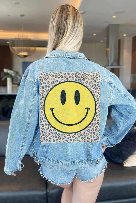 Trendy Happy Leopard Print Denim Jean Jacket for Women - Stylish Casual Outerwear