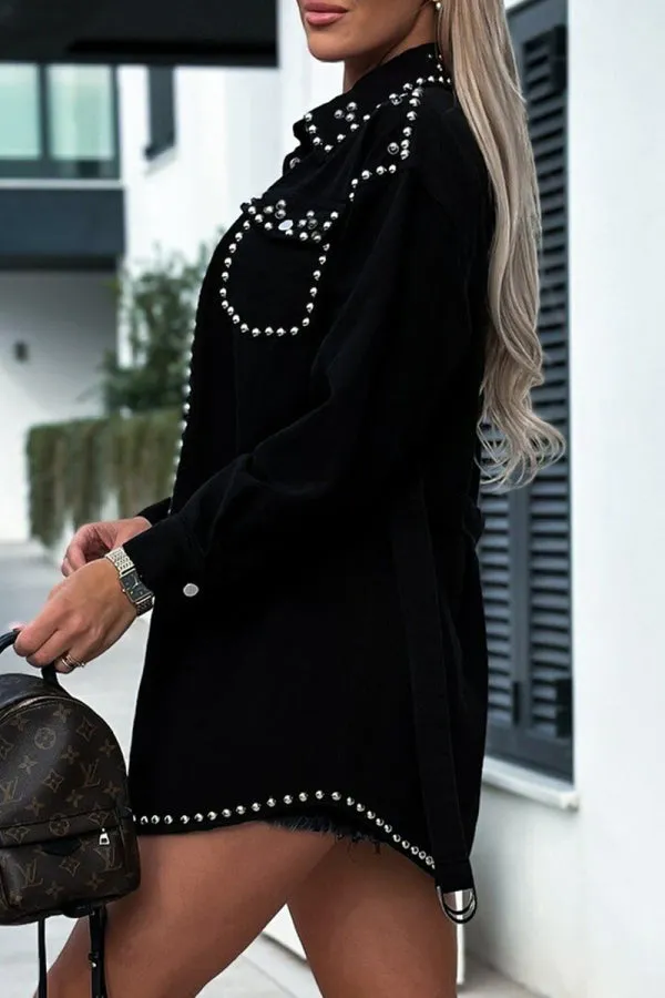 hulianfu - Black Casual Punk Solid Rivets Turndown Collar Long Sleeve Loose Denim Jacket