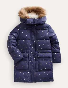 Longline Padded Coat-Navy Foil Stars