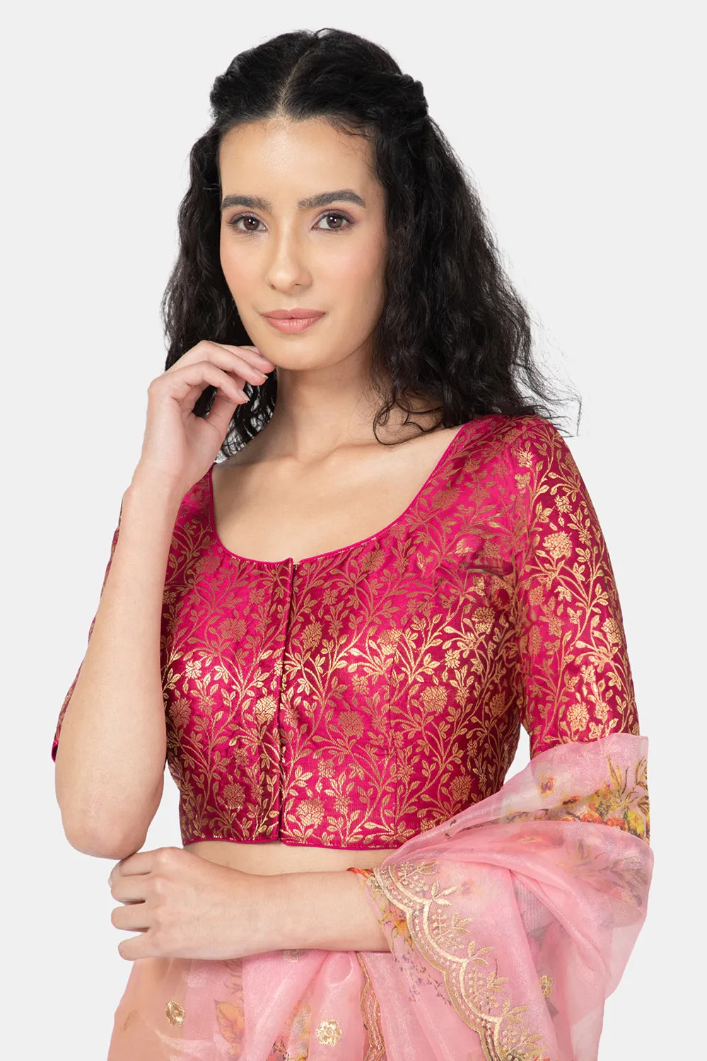 Naidu Hall Ethnic Jacquard Saree Blouse with Round Neck Elbow Sleeve - Magenta