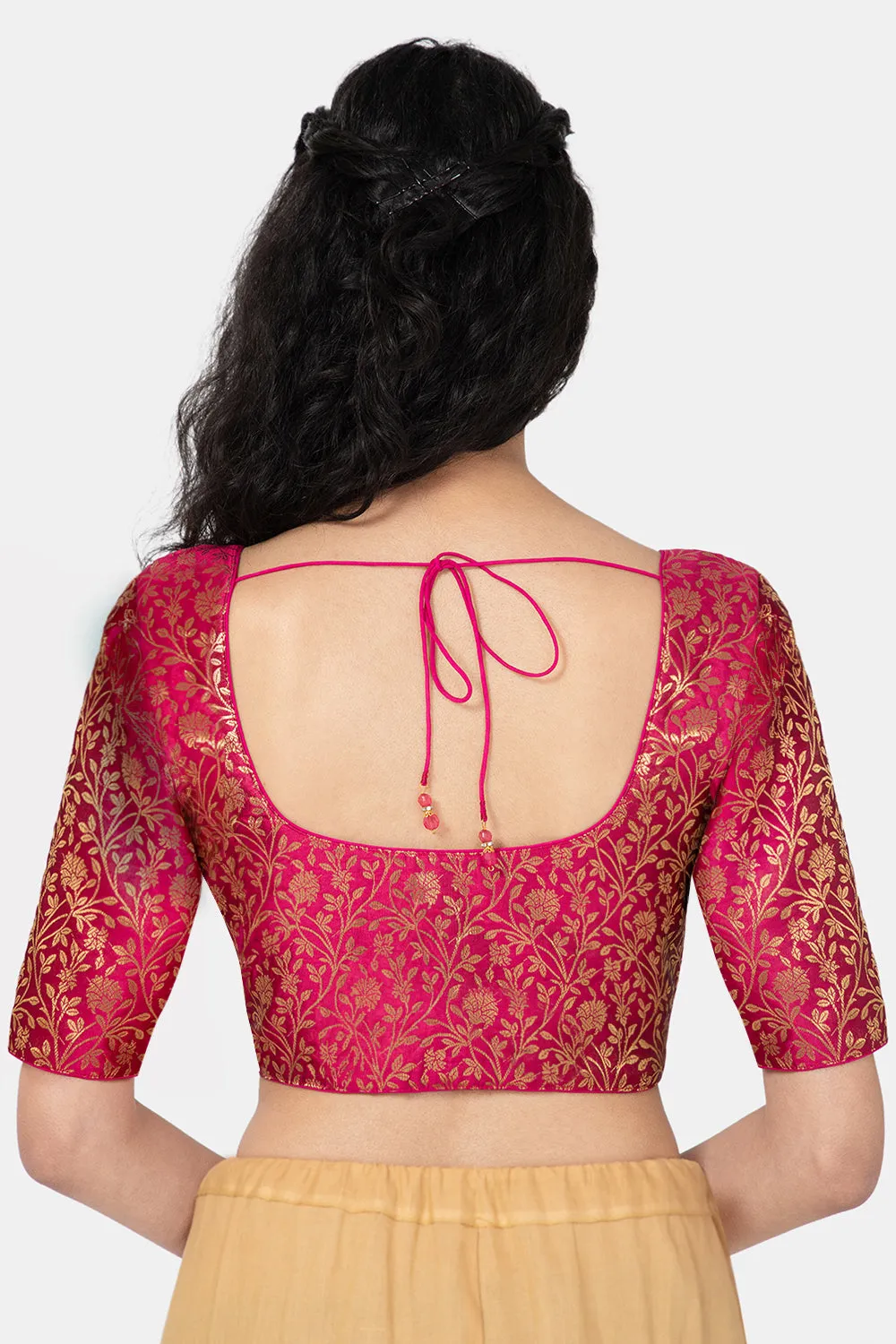 Naidu Hall Ethnic Jacquard Saree Blouse with Round Neck Elbow Sleeve - Magenta