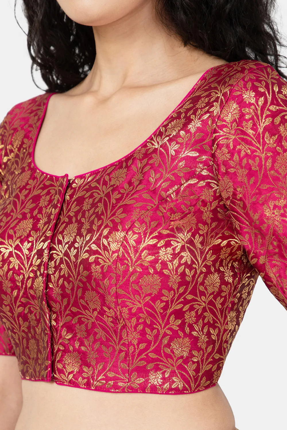 Naidu Hall Ethnic Jacquard Saree Blouse with Round Neck Elbow Sleeve - Magenta