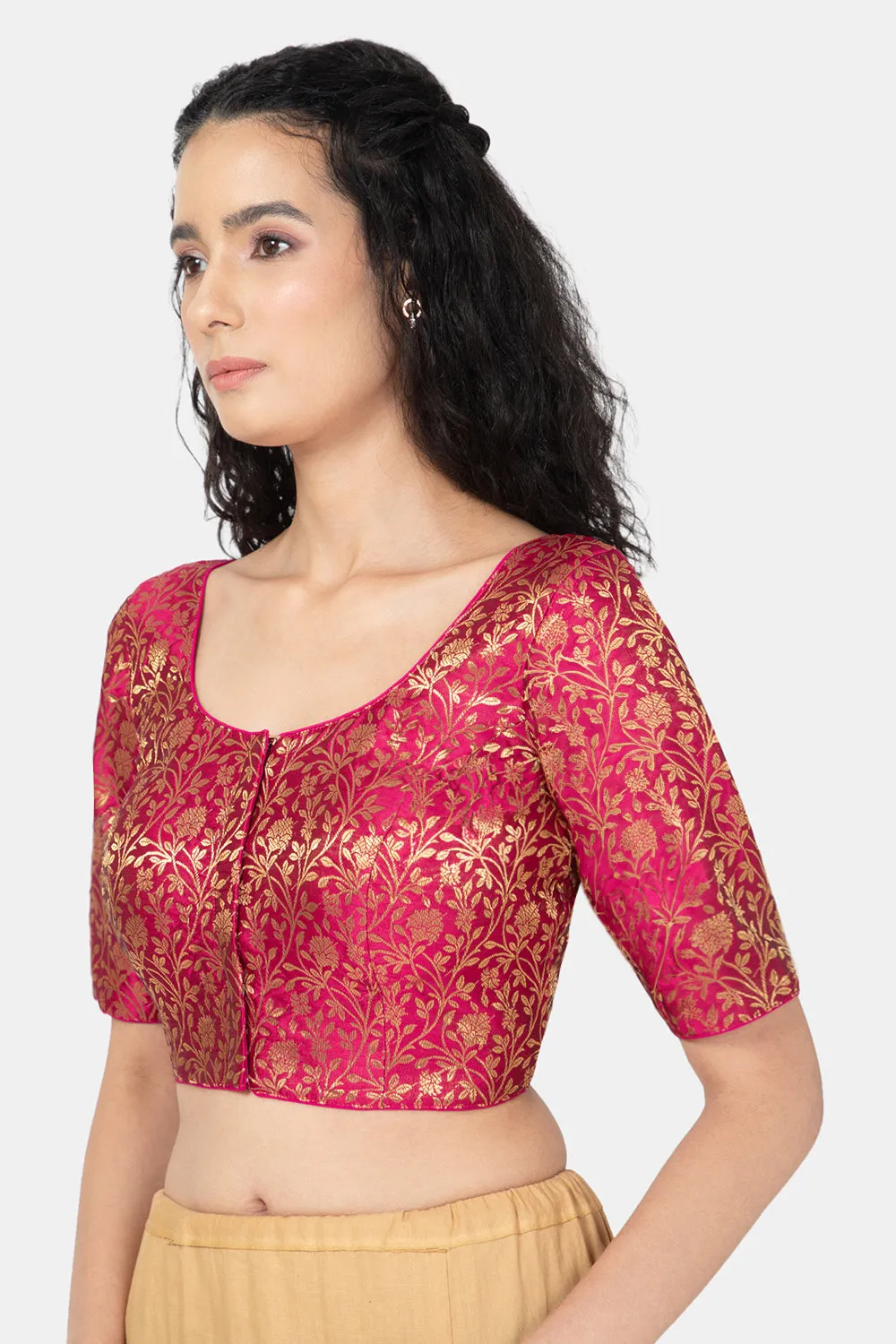 Naidu Hall Ethnic Jacquard Saree Blouse with Round Neck Elbow Sleeve - Magenta