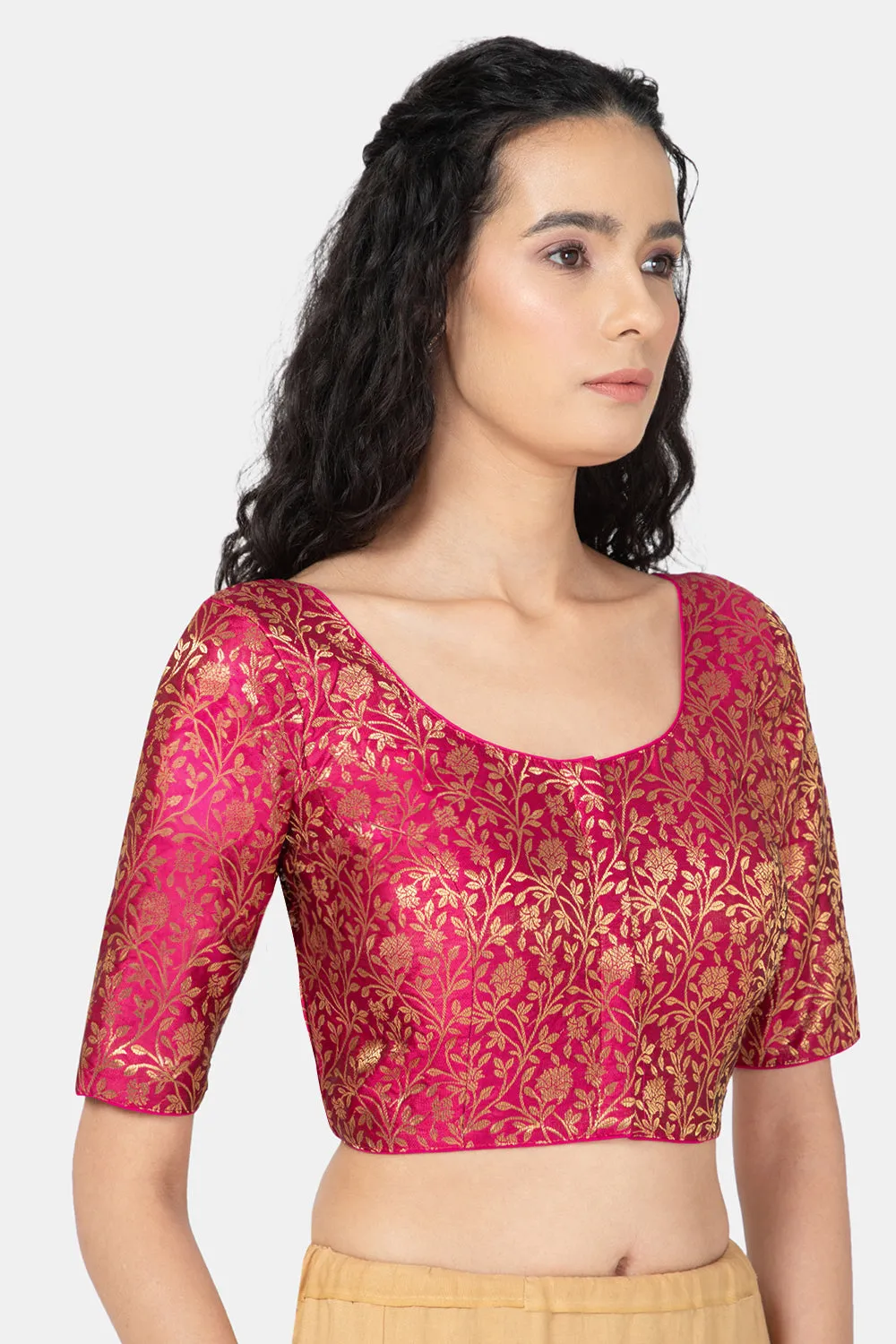 Naidu Hall Ethnic Jacquard Saree Blouse with Round Neck Elbow Sleeve - Magenta