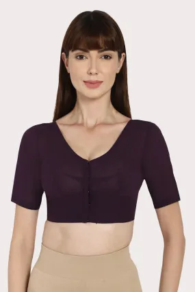 Naidu Hall Full Coverage Non-Wired Non-Padded Round Neck Long Sleeve Cotton Blouse - Dark Wine