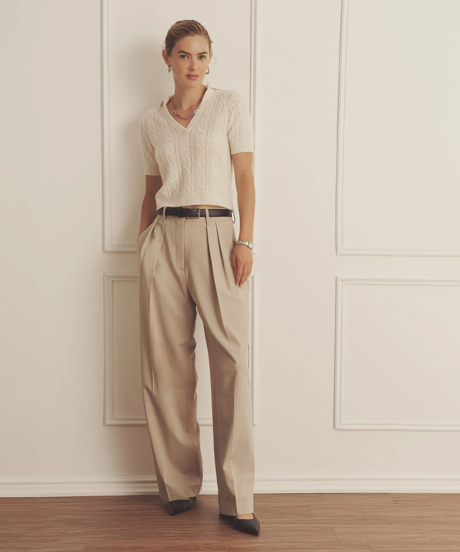 Premium Short-Sleeve Cashmere Polo with Open Cable Knit Design