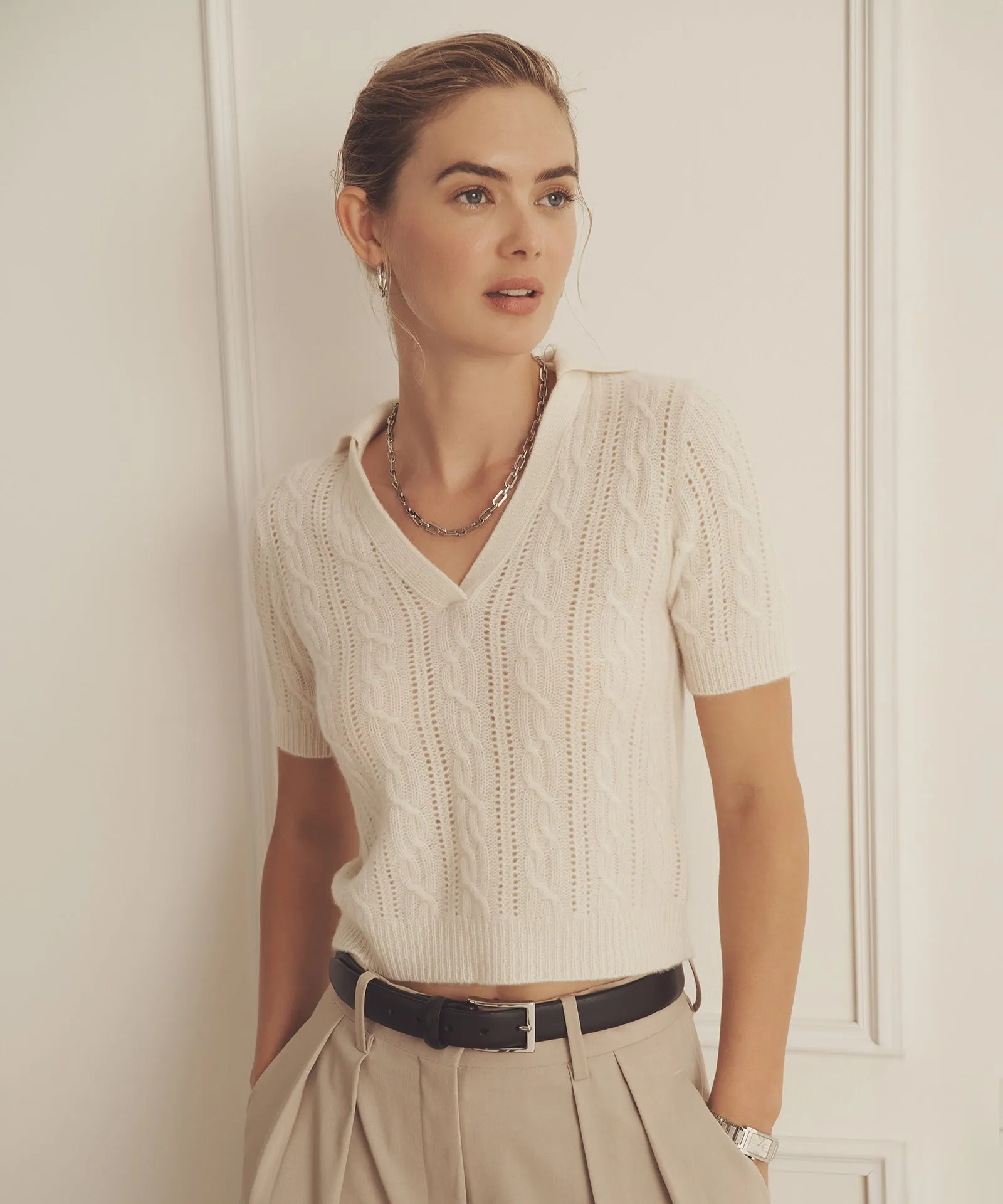 Premium Short-Sleeve Cashmere Polo with Open Cable Knit Design