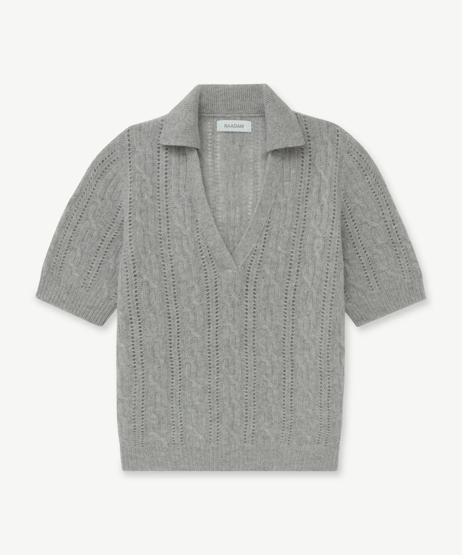 Premium Short-Sleeve Cashmere Polo with Open Cable Knit Design