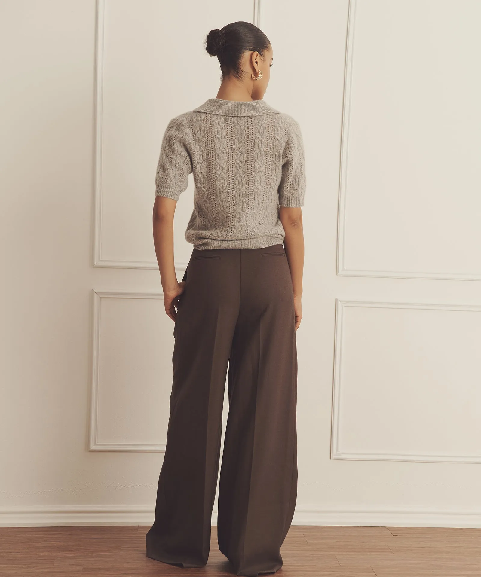 Premium Short-Sleeve Cashmere Polo with Open Cable Knit Design
