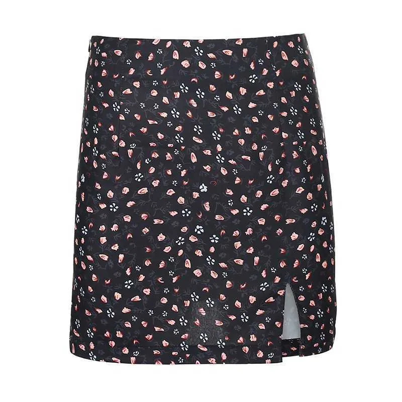 Slimming High Waisted Short Floral Skirt With Slit