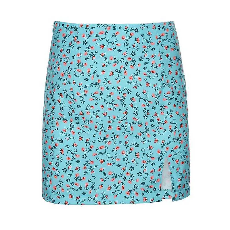Slimming High Waisted Short Floral Skirt With Slit