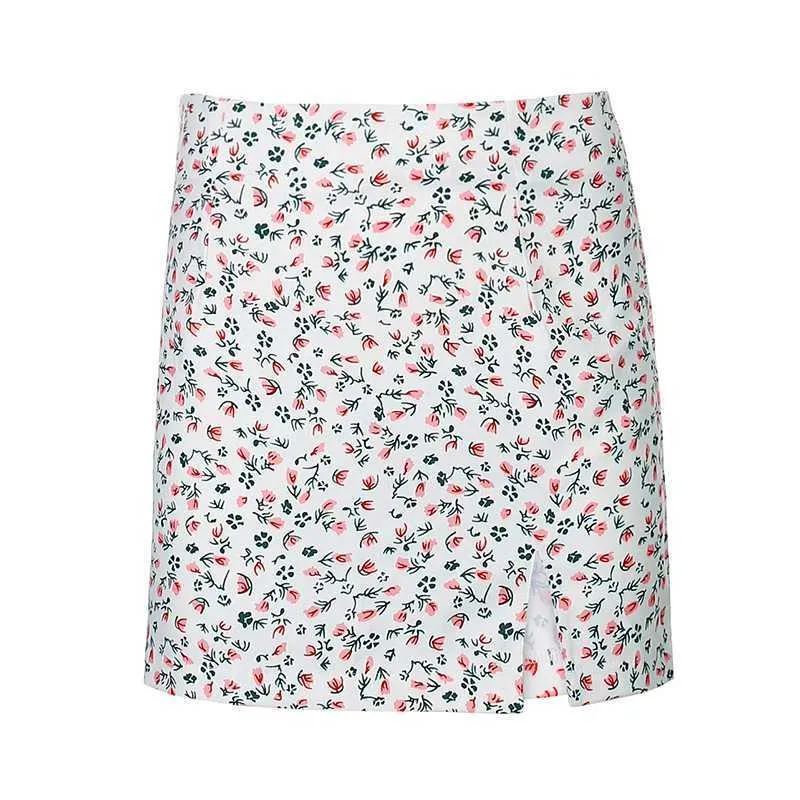 Slimming High Waisted Short Floral Skirt With Slit