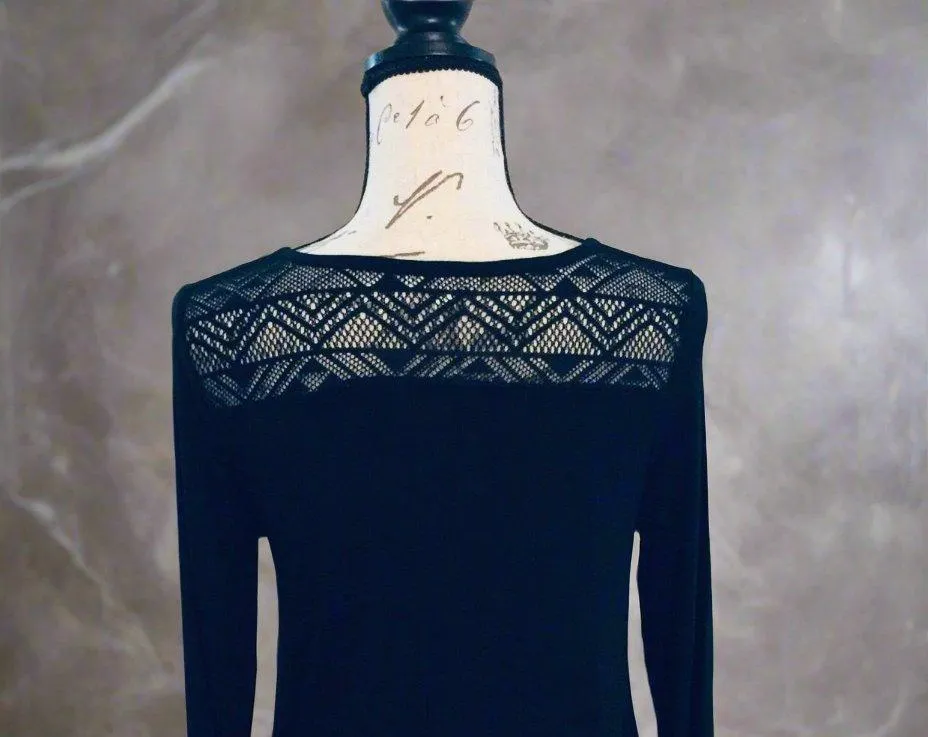 Womens Lace Trim Top Long Sleeve Shirt Solid Black Sizes S/M/L